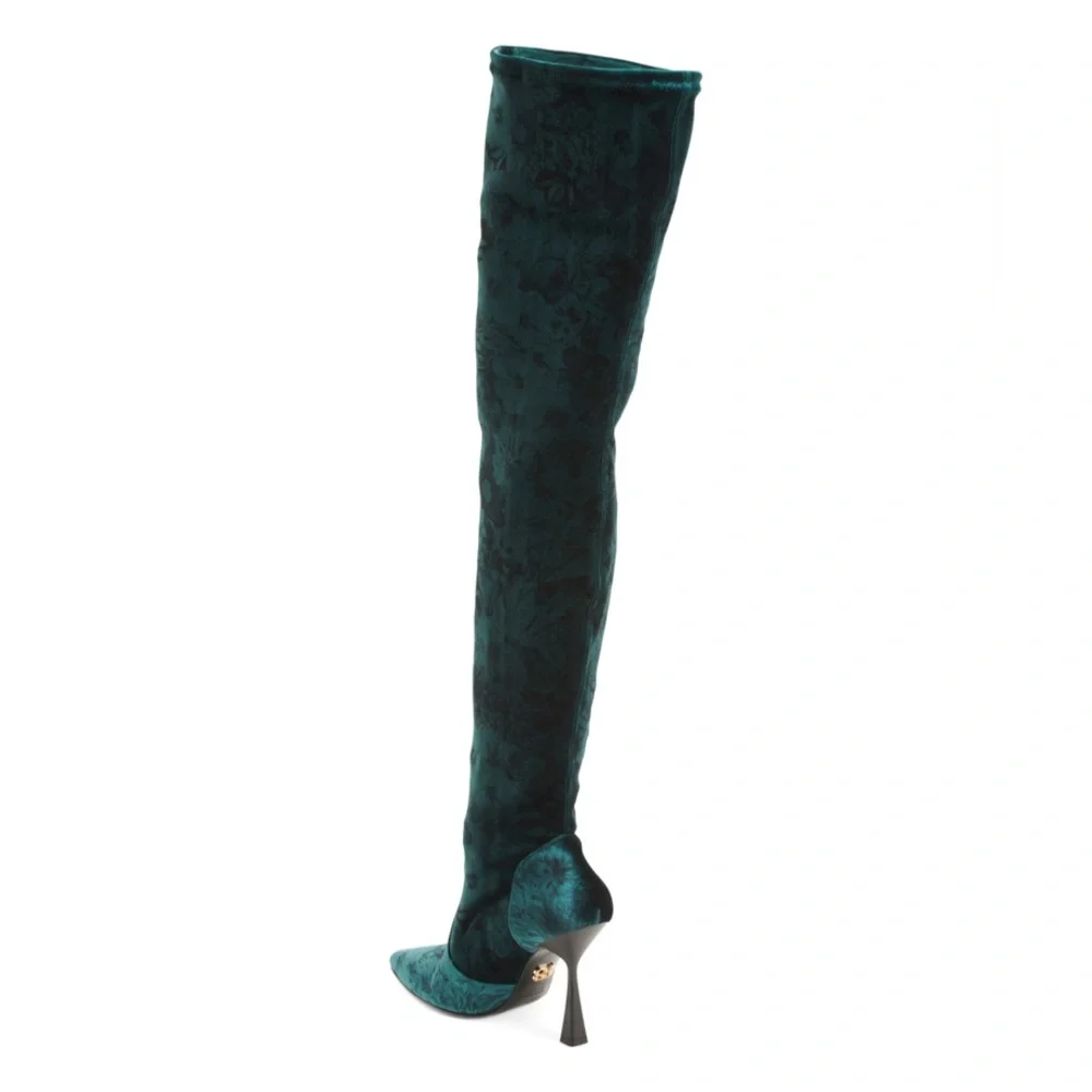 Beautiisoles by Robyn Shreiber Marilia Thigh High Green Floral Velvet Boots